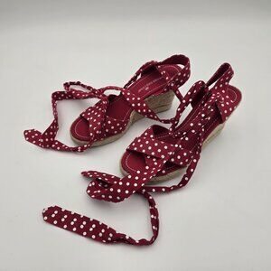 Red Polka Dot Espadrille Wedge Sandals With Ankle Lace-Up
